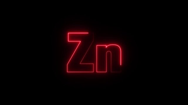 Animated neon Zn icon. Glowing Zinc symbol code animation. Chemistry code 4k video.