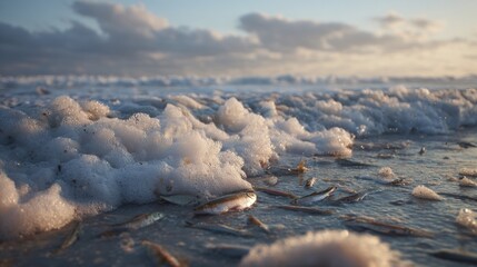 Foamy surf washes over dead fish on a beach under a partly cloudy sky at golden hour