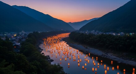 River lanterns floating at dusk mountain scenery