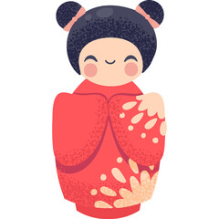 Adorable Japanese Kokeshi Doll in Traditional Red Kimono with Cherry Blossom Motifs and Cute Smiling Face on Transparent Background