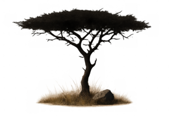 African savanna tree silhouette with dry grass and rock, isolated creating a natural landscape element
