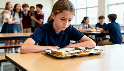 Fototapeta premium sad child sitting alone in school cafeteria with lunch tray surrounded by laughing classmates