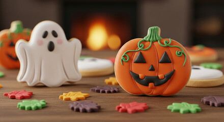 Close-up of pumpkin and ghost cookie, stylized, on a wooden table with leaf sprinkles, representing Halloween, autumn harvest and seasonal celebration