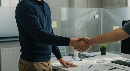 business colleagues shaking hands in modern office setting with natural light
