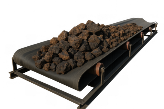 Conveyor belt transporting mineral ore for mining, industry, and construction on a transparent background - Powered by Adobe