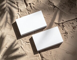 Business card mockup on textured surface with natural shadows, premium printing finish (matte or gloss), top-down photography style