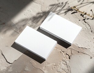 Business card mockup on textured surface with natural shadows, premium printing finish (matte or gloss), top-down photography style