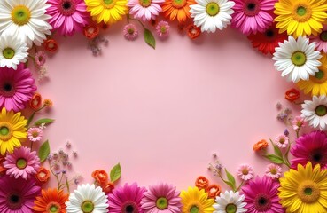 Colorful gerbera daisies and other blooms form a border on a light pink background. This cheerful floral frame is perfect for spring and summer celebrations like weddings and birthdays.