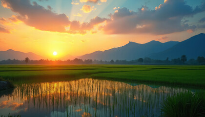 Obraz premium Golden sunset casts warm light over rich green rice paddies and calm water mirroring sky. Silhouetted mountains form distant backdrop to this serene rural landscape, highlighting agricultural beauty.