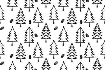 Obraz premium Hand-Drawn Pine Tree and Cone Seamless Pattern – Black and White Forest Christmas Vector Background