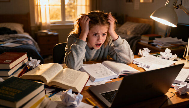 stressed student struggling with homework in cluttered bedroom during sunset