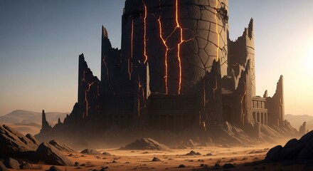 Ruined tower in a desert landscape fantasy architecture