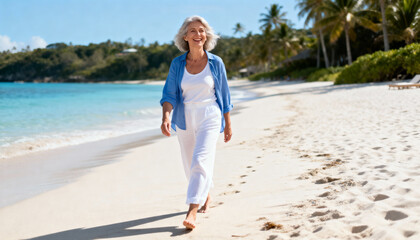smiling elderly woman walking on tropical beach during sunny day with clear blue sky
