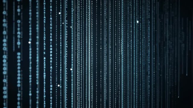 Streaming alphanumeric code streams cascading down digital void, with pulsing bright particles
