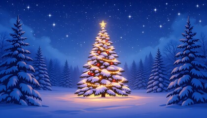Naklejka premium Experience the magic of the holidays with a snow-covered Christmas tree sparkling under a starry night sky, evoking warmth, joy, and festive cheer