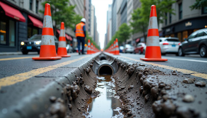 Construction site on city street with orange traffic cones lining the road shows ongoing road construction, indicating disrupted traffic and construction work.