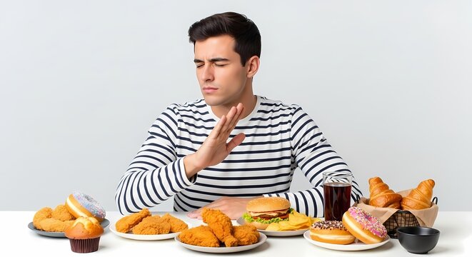 Man in striped shirt refuses unhealthy fast food including fried chicken burgers pastries fries on table against white background