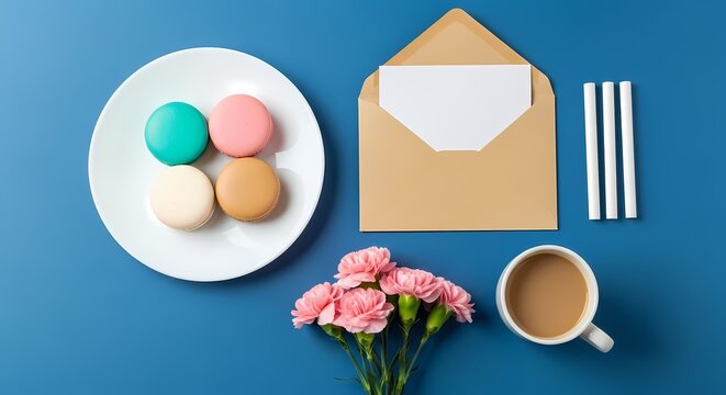 Flat lay of delicious macarons envelope coffee cup and pink carnations on blue background overhead view