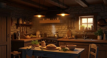 Rustic kitchen interior with bread and stone walls
