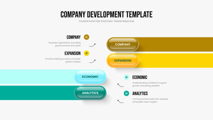 Product Development 4 Element Diagram Slide Template. Business Forecast Frame Design Vector Illustration. Professional Visualization Four Option Infographic Slideshow Layout.