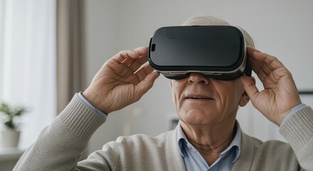 senior man enjoying virtual reality headset in bright modern living room