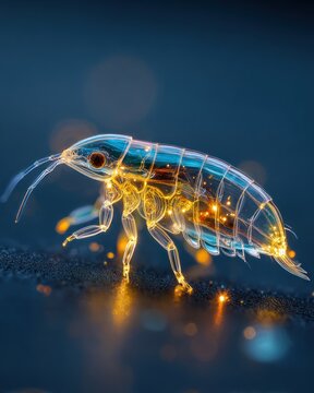 Glowing amphipod crustacean closeup