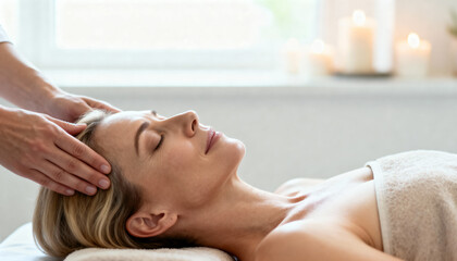 serene spa day with woman enjoying relaxing head massage in tranquil setting with candles