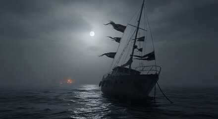 Sailboat adrift on a moonlit sea lost in fog