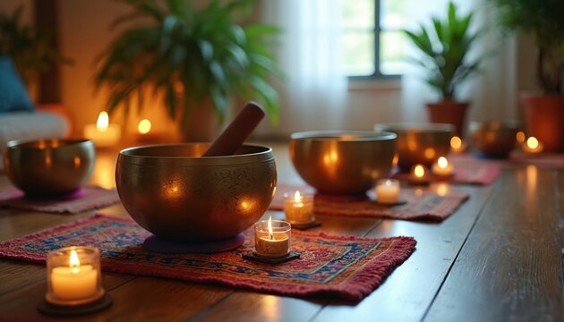 Golden singing bowls and lit candles set on oriental rugs on wood floor. Soft warm light creates peaceful atmosphere for meditation or sound healing session.