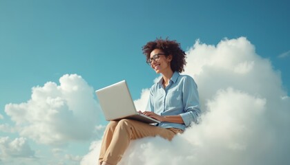 Smiling woman with glasses types on laptop computer, sitting on a cloud high in the blue sky. She enjoys remote work and a dream job, embracing freedom and digital nomad lifestyle.