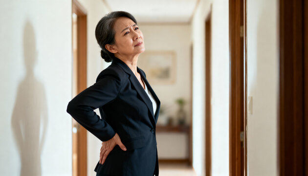 middle-aged asian woman in suit experiencing back pain in hallway of home or office