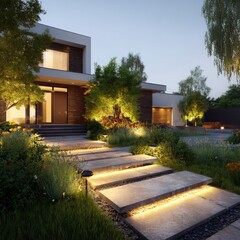 Modern gardening with Illuminated pathway in front of residential house.