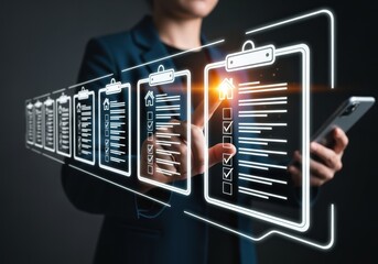 Businesswoman using a digital interface to manage real estate data and property listings through futuristic virtual technology.