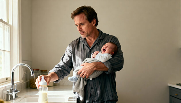 tired father preparing baby bottle while soothing crying infant in kitchen
