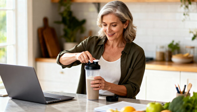 mature woman preparing healthy smoothie in a modern kitchen, enjoying morning routine