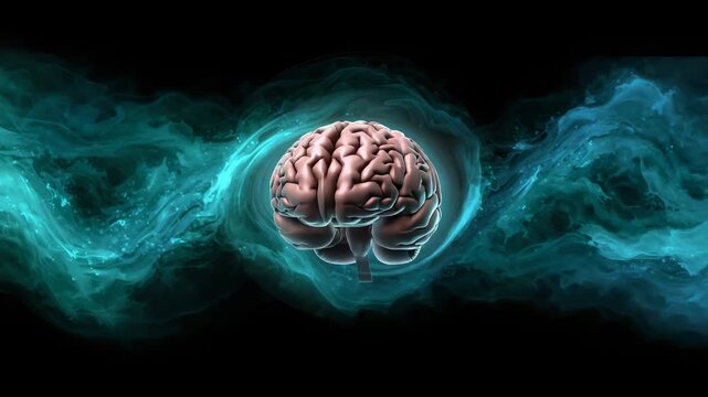 Accelerating neon aqua ring causing 3D brain model spinning in black void with digital particles - Powered by Adobe
