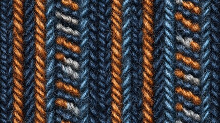 Blue, orange, and white threads form a textured knitted fabric pattern.
