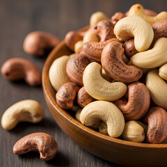 Roasted  Raw Cashews Healthy Nuts in Wooden Bowl
