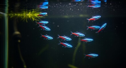 School of neon tetra fish swimming in aquarium