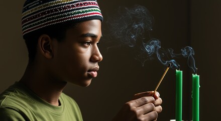 Fototapeta premium young boy lighting green candles with matchstick during kwanzaa celebration at home
