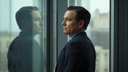 Stepping to full-height office window, man in dark suit gazing out at city skyline reflection - Powered by Adobe