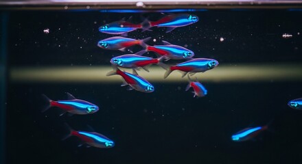 School of neon tetra fish swimming in dark aquarium