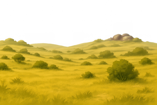 Savanna landscape with yellow grass, green bushes, and rolling hills, a natural field background