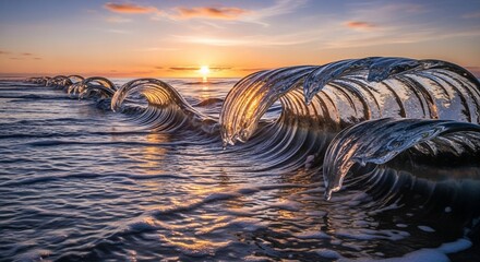 Seascape at sunset with waves and ocean water