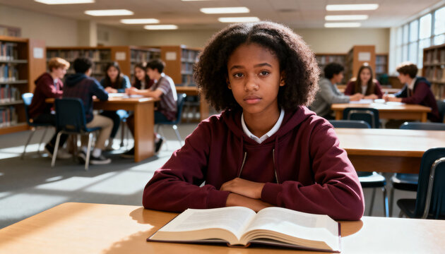 focused teenage girl studying in school library with open book and classmates in background