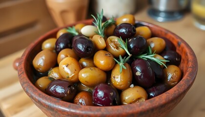 A rustic bowl overflowing with a colorful medley of fresh heirloom cherry tomatoes and olives garnished with rosemary sprigs