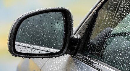 Close up of a car side mirror covered in raindrops reflecting a blurred outdoor scene perfect for weather transit and automotive themes