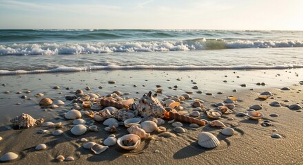 Seashells on sandy beach coastline with ocean view