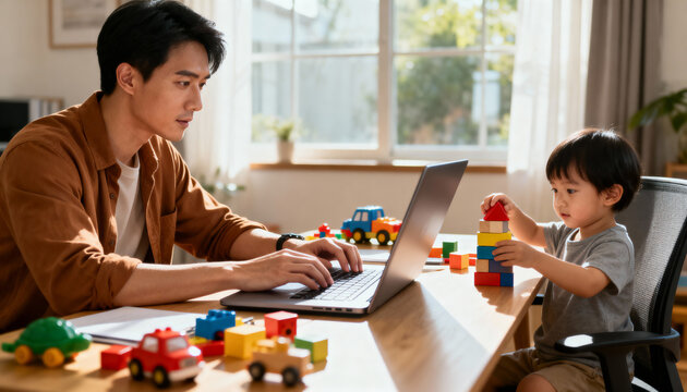 father working on laptop while toddler builds colorful blocks in bright home office setting