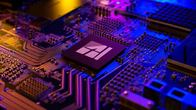 Close-up of a Computer Chip on a Circuit Board with Vibrant Lighting
